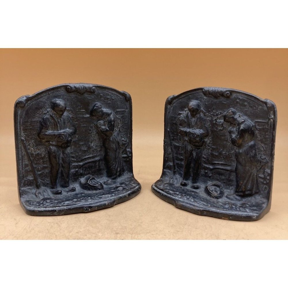 Folk Art Cast Iron Bookends Man & Woman Farming Praying for Harvest Time